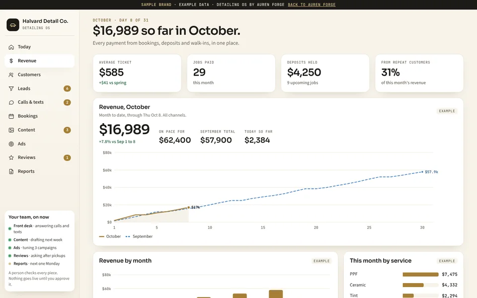 Detailing OS owner dashboard: revenue this month against last month