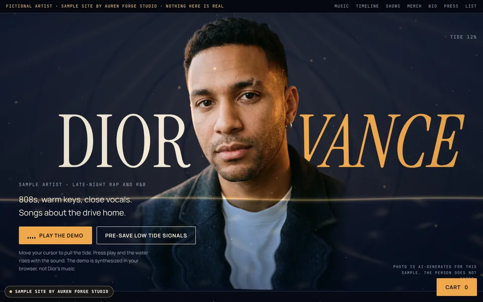 Dior Vance artist site, home screen