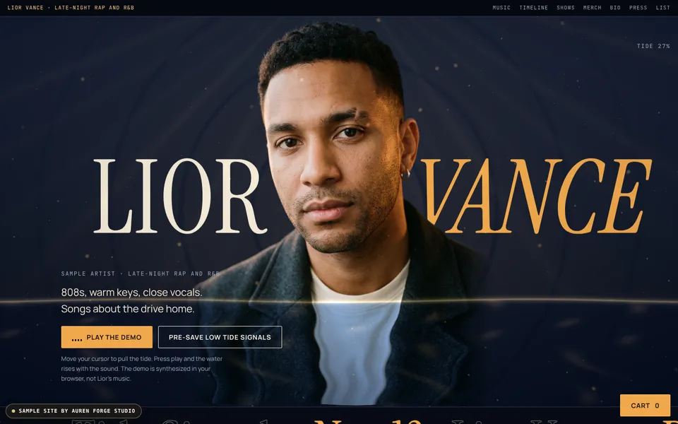 Lior Vance artist site, home screen