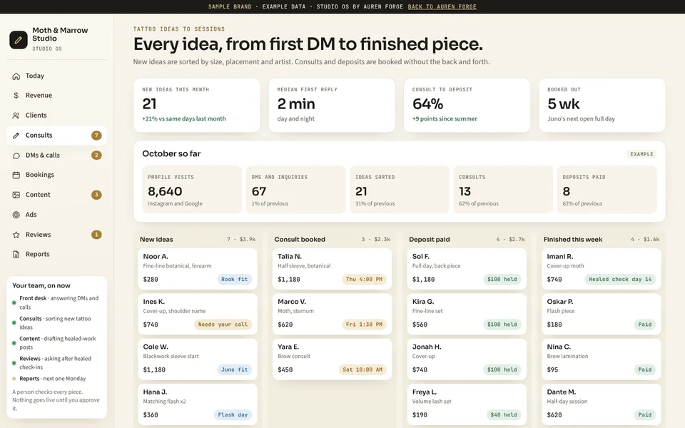 Studio OS owner dashboard: tattoo ideas moving from first DM to deposit