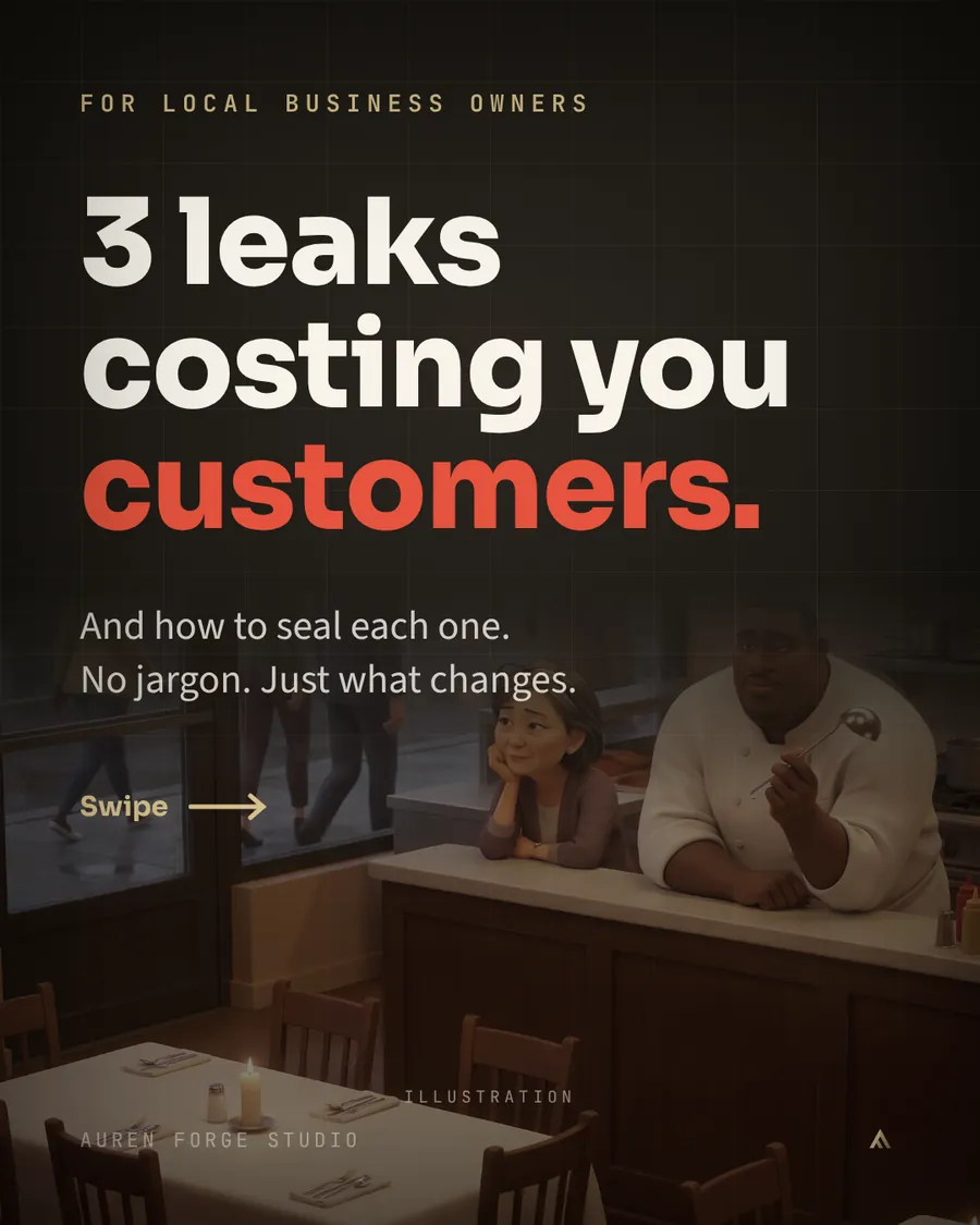 Slide 1: 3 leaks costing you customers, and how to seal each one. No jargon, just what changes.