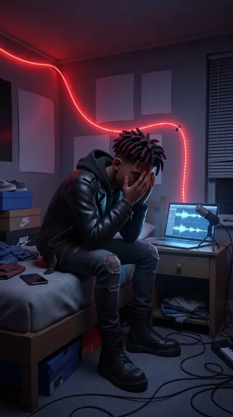 A young artist with his head in his hands in a bedroom studio