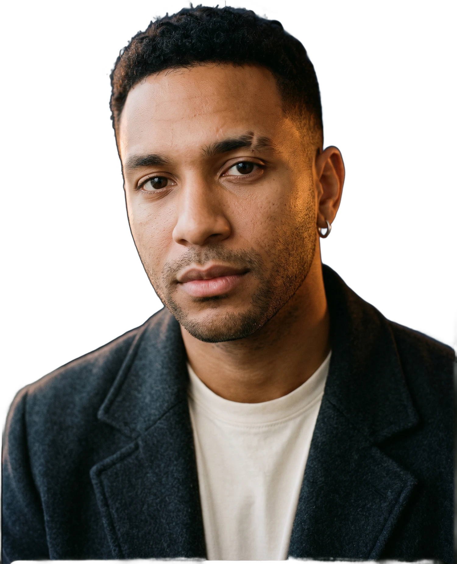 Dior Vance, a singer, in a charcoal coat and cream tee, looking into the camera