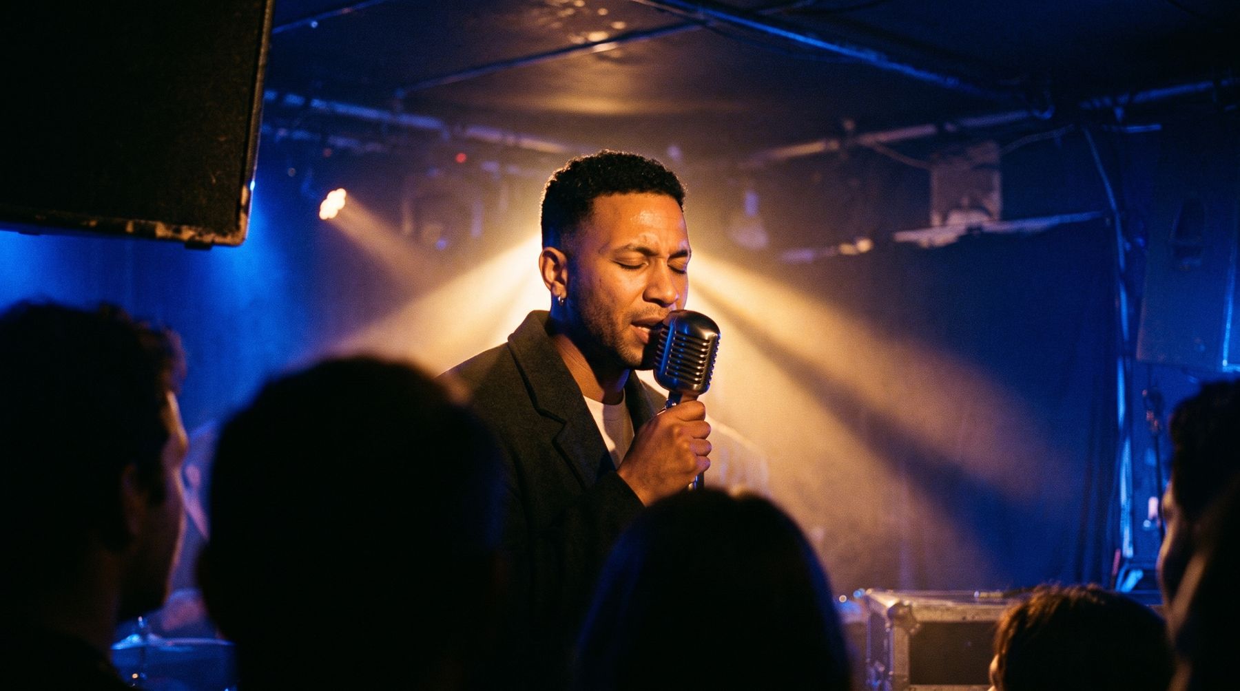 Lior singing on a small club stage under an amber beam with a blue wash and crowd silhouettes